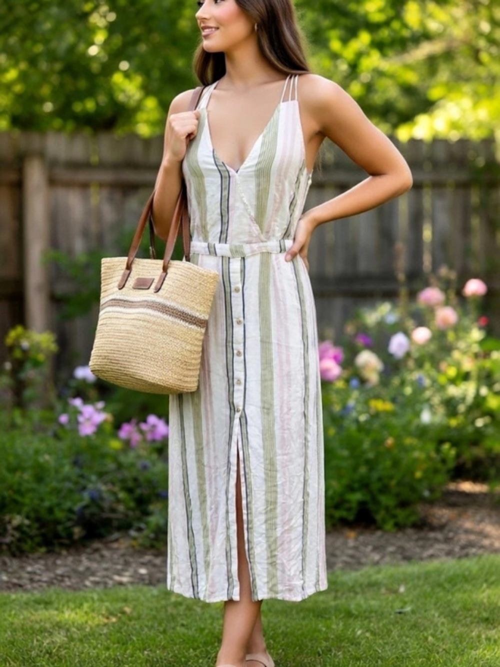 Patrons of Peace Striped V-Neck Strappy Maxi Summer Dress Size M